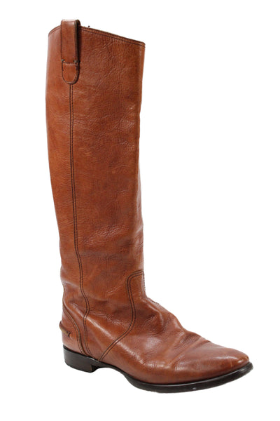 Designer Womens Slip On Block Heel Leather Knee High Boots Brown Size 9