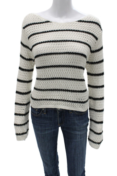 MNG Womens Pullover Sweater White Striped Round Neck Long Sleeve Size L