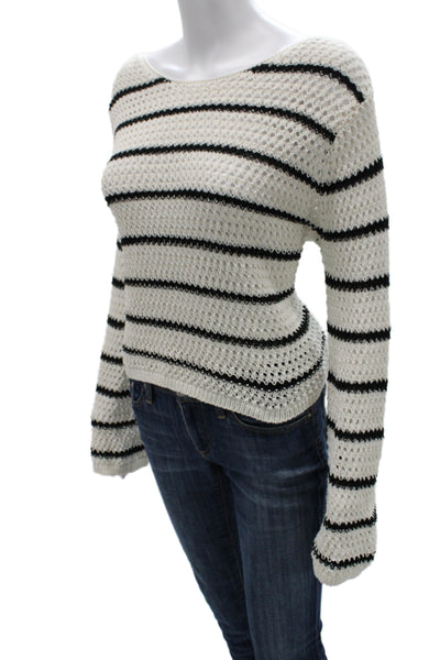 MNG Womens Pullover Sweater White Striped Round Neck Long Sleeve Size L