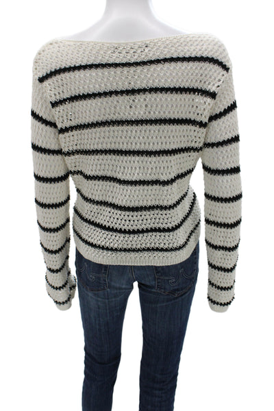 MNG Womens Pullover Sweater White Striped Round Neck Long Sleeve Size L
