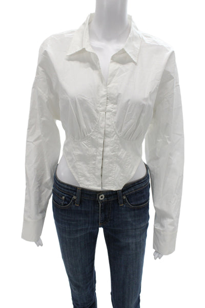 Steve Madden Womens Cropped Button Up White Collared Long Sleeve Blouse Size L