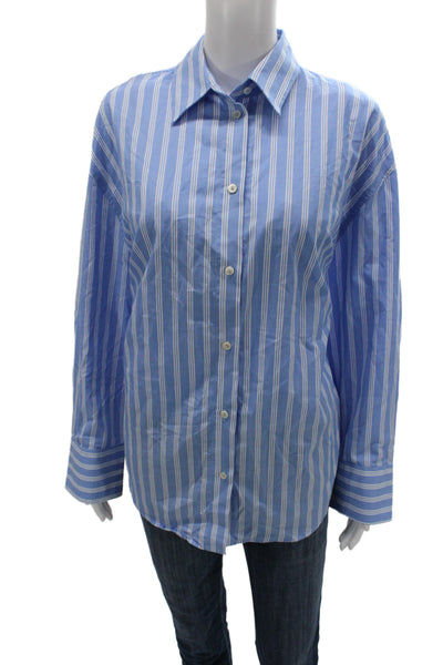 Zara Womens Collared Striped Cotton Button Up Long Sleeve Blue Size S