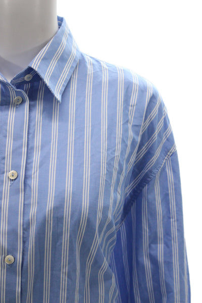 Zara Womens Collared Striped Cotton Button Up Long Sleeve Blue Size S