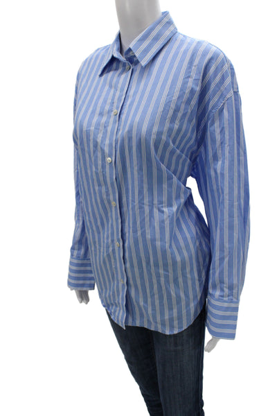 Zara Womens Collared Striped Cotton Button Up Long Sleeve Blue Size S