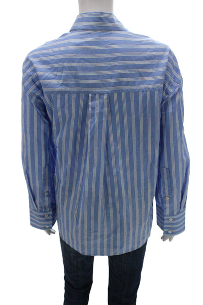Zara Womens Collared Striped Cotton Button Up Long Sleeve Blue Size S