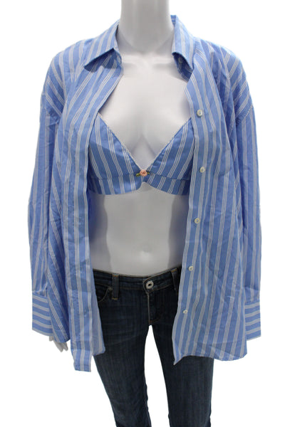 Zara Womens Collared Striped Cotton Button Up Long Sleeve Blue Size S