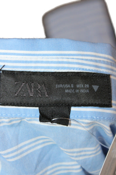 Zara Womens Collared Striped Cotton Button Up Long Sleeve Blue Size S