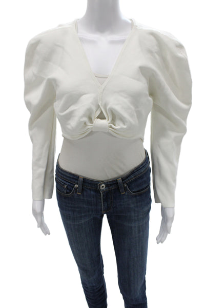 Cult Gaia Women Cropped V-Neck Long Sleeve Tie Front Top White Size L