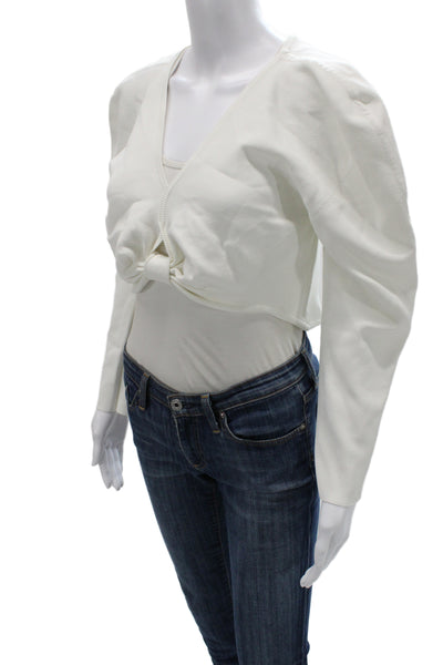 Cult Gaia Women Cropped V-Neck Long Sleeve Tie Front Top White Size L