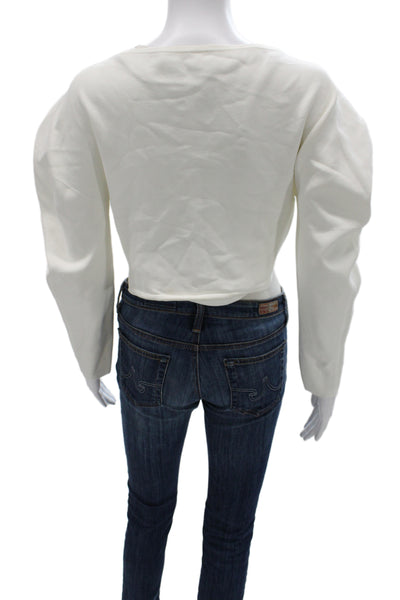 Cult Gaia Women Cropped V-Neck Long Sleeve Tie Front Top White Size L