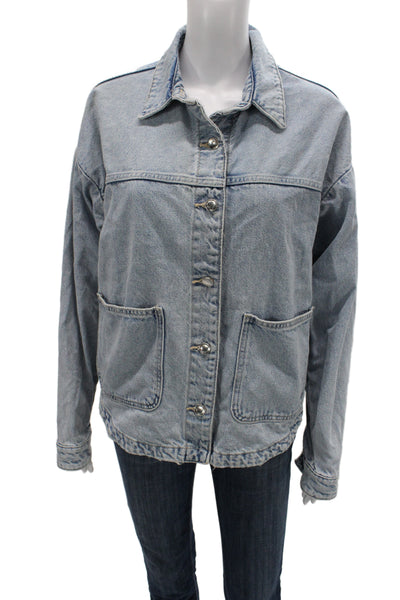 Zara Womens Collared Light Blue Cotton Jacket Button Long Sleeve 90s Size S