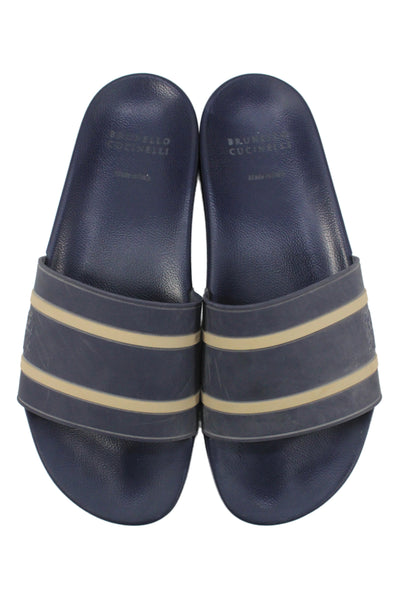Brunello Cucinelli Mens Slide On Pool Sandals Navy Blue Beige Size 44