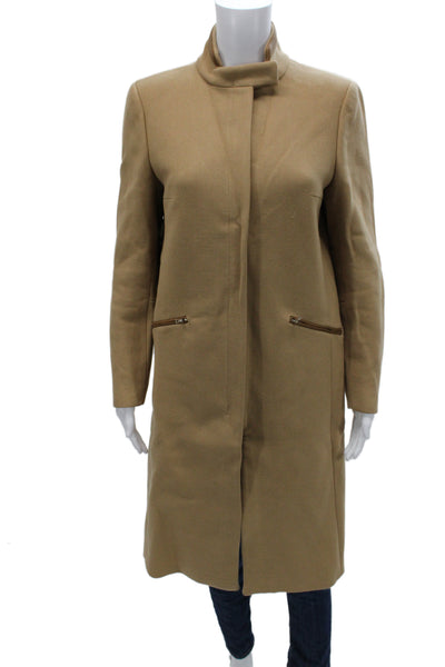 Prada Women Overcoat 100% Wool Tan Zip Mock Neck Long Sleeve Size 42