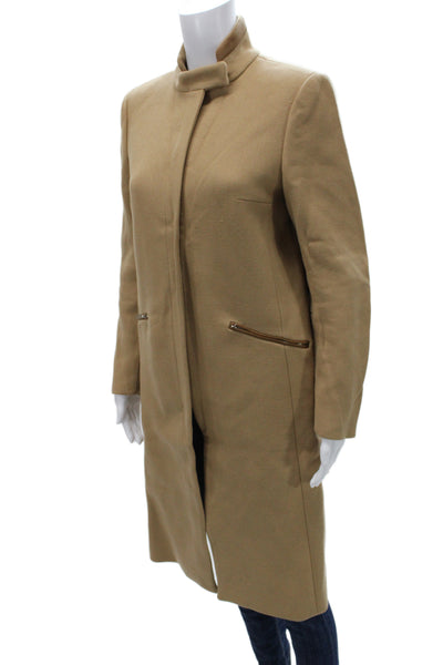 Prada Women Overcoat 100% Wool Tan Zip Mock Neck Long Sleeve Size 42