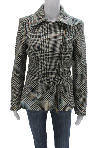Marciano Womens Black Plaid Motorcycle Jacket Buckle Virgin Wool Size 44