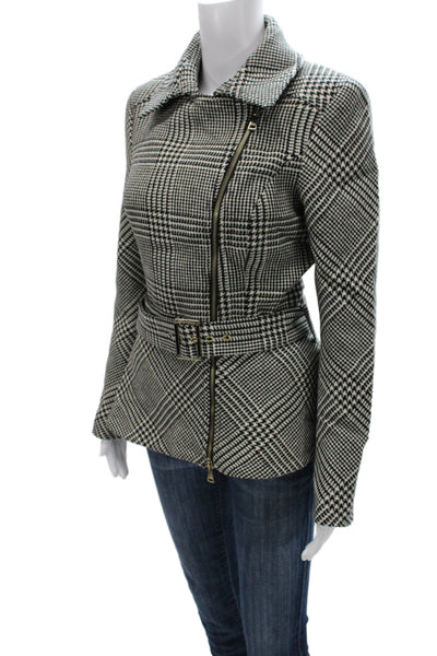 Marciano Womens Black Plaid Motorcycle Jacket Buckle Virgin Wool Size 44