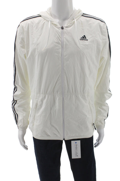 Adidas Mens White Striped Polyester Windbreaker Size M