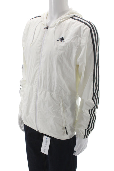 Adidas Mens White Striped Polyester Windbreaker Size M