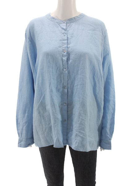 Eileen Fisher Women Light Blue Organic Linen Button-Up Long Sleeve Size 2X
