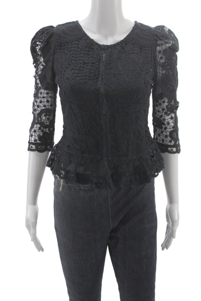 Love Shack Fancy Womens Boho Black Blouse 3/4 Sleeve Size 0