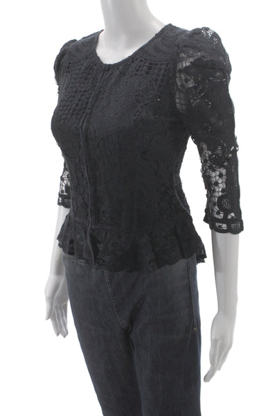 Love Shack Fancy Womens Boho Black Blouse 3/4 Sleeve Size 0