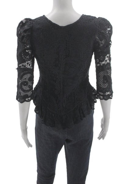 Love Shack Fancy Womens Boho Black Blouse 3/4 Sleeve Size 0
