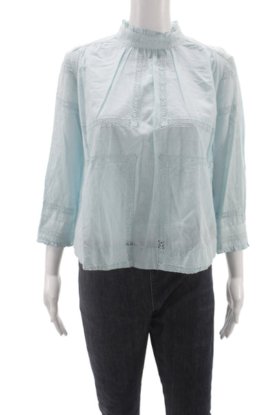 Sea New York Women Boho High Neck Button 3/4 Sleeve Light Blue Blouse Size 0