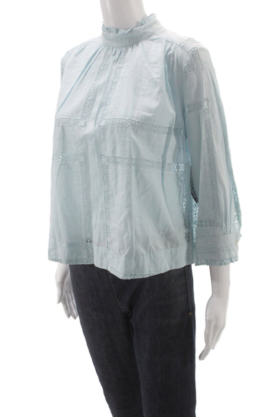 Sea New York Women Boho High Neck Button 3/4 Sleeve Light Blue Blouse Size 0