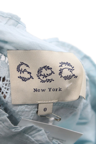 Sea New York Women Boho High Neck Button 3/4 Sleeve Light Blue Blouse Size 0