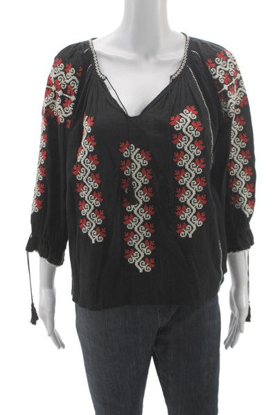 Ulla Johnson Women Tunic Black V-Neck Geometric 3/4 Sleeve Boho Size 4