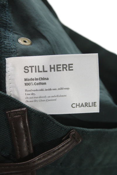 Still Here Unisex Cargo Pants Green High Rise 100% Cotton Button Size 24