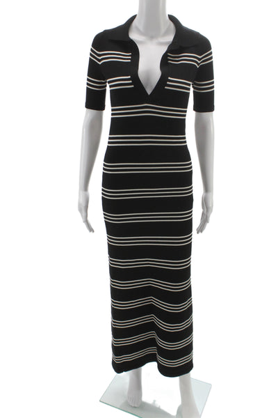 Ser.O.Ya Womens Sweater Dress Black Striped Collared Short Sleeve Midi Size S