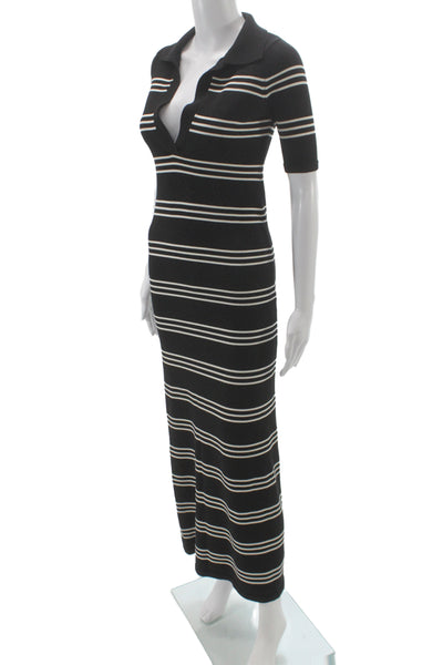 Ser.O.Ya Womens Sweater Dress Black Striped Collared Short Sleeve Midi Size S