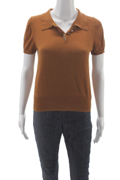 Zara Women Brown Cotton Collared Short Sleeve Polo Basic Classic Button Size S