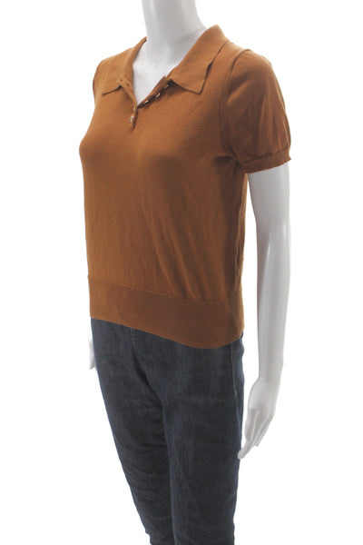 Zara Women Brown Cotton Collared Short Sleeve Polo Basic Classic Button Size S