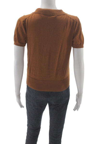 Zara Women Brown Cotton Collared Short Sleeve Polo Basic Classic Button Size S