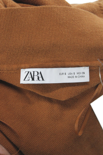 Zara Women Brown Cotton Collared Short Sleeve Polo Basic Classic Button Size S