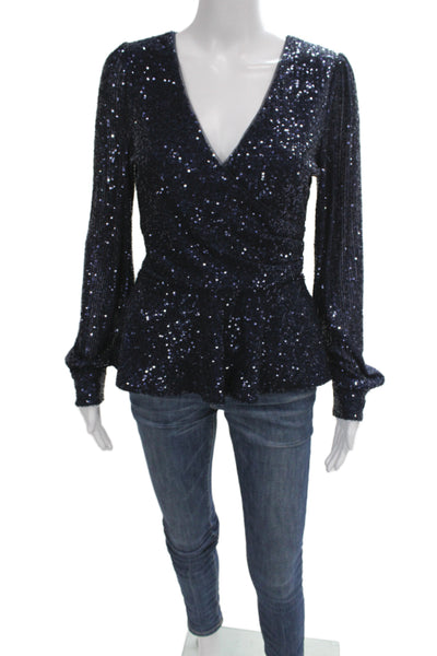 Parker Women Dark Blue V-Neck Long Sleeve Zip Blouse Size S