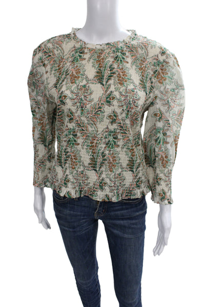 Veronica Beard Women Bohemian Floral Beige Cotton Long Sleeve Blouse Size 4