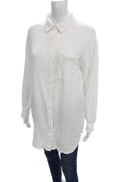 Heartloom Womens White 100% Cotton Collared Long Sleeve Tunic Button-Up Size L