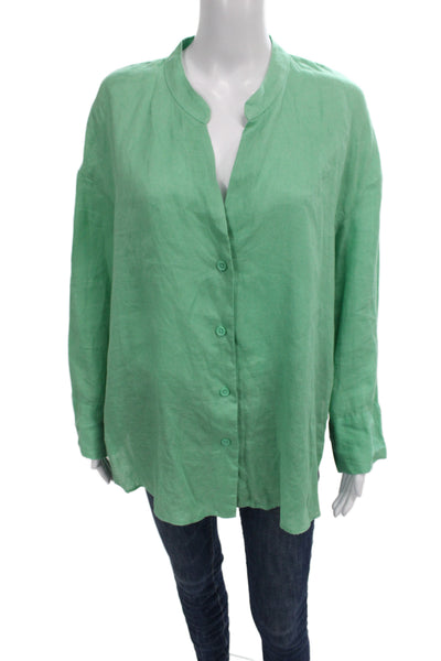 Zara Womens Basic Linen Button Up Long Sleeve Green Blouse Size M