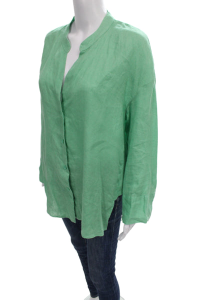 Zara Womens Basic Linen Button Up Long Sleeve Green Blouse Size M