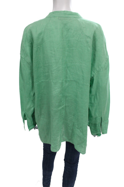 Zara Womens Basic Linen Button Up Long Sleeve Green Blouse Size M