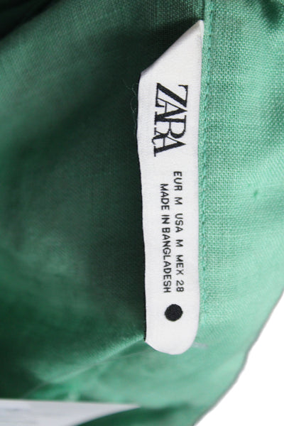 Zara Womens Basic Linen Button Up Long Sleeve Green Blouse Size M