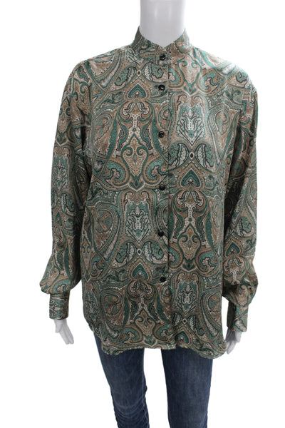 T/Shirt Shoppe Mens Standup ButtonUp Silk Paisley Beige Long Sleeve Size M