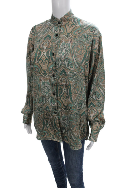 T/Shirt Shoppe Mens Standup ButtonUp Silk Paisley Beige Long Sleeve Size M