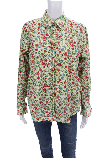 Liberty Women Floral Collared Cotton Button-Up Top Long Sleeve Beige Size 10