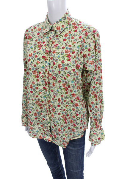 Liberty Women Floral Collared Cotton Button-Up Top Long Sleeve Beige Size 10