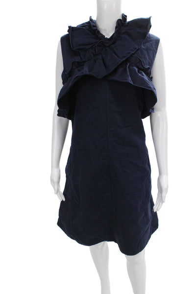 Marni Women Dark Blue Cotton V-Neck Sleeveless Shift Dress Knee Length Size 44