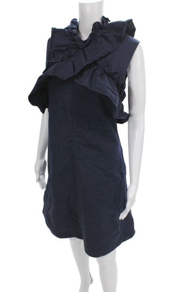 Marni Women Dark Blue Cotton V-Neck Sleeveless Shift Dress Knee Length Size 44
